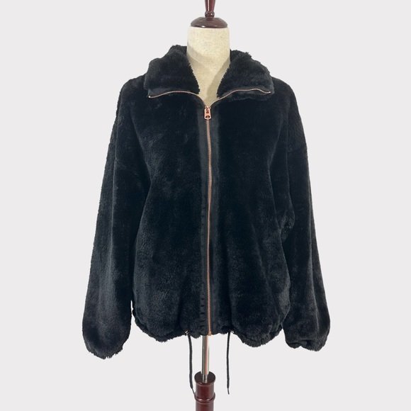 NWT - Lucky Brand XL Bomber Jacket Faux Fur Black - Picture 5 of 16